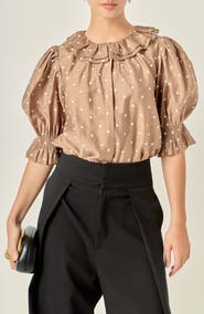 English Factory Ruffle Collar Swiss Dot Puff Sleeve Top
