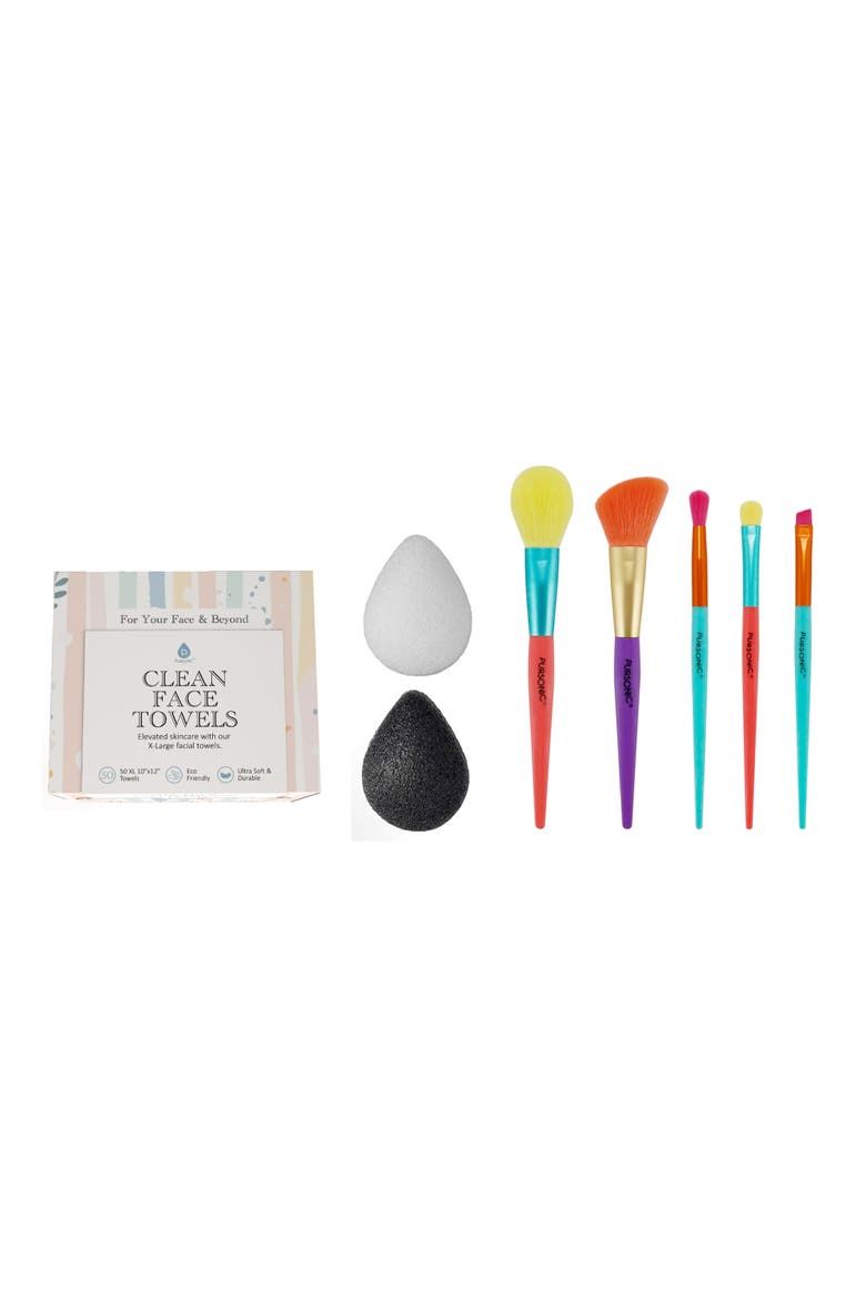 Brush Set, XL Face Towels & Konjac Sponge, Main, color, White