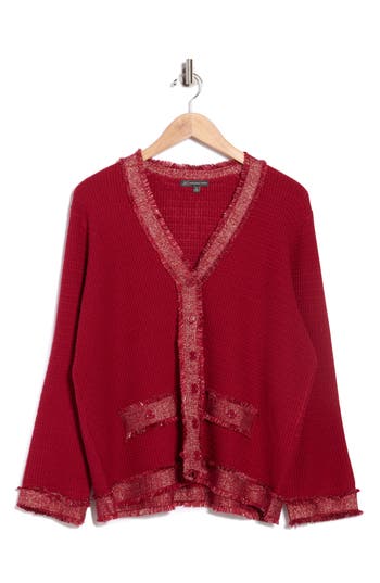 Adrianna Papell Fray Trim Waffle Knit Cardigan In Red