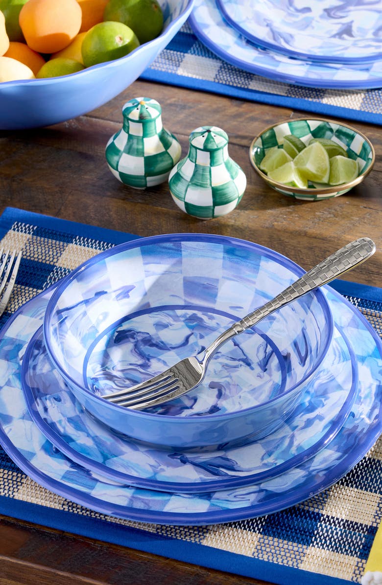 MACKENZIE CHILDS Set of 4 Blue Marble Check Melamine Salad Plates, Alternate, color, Blue