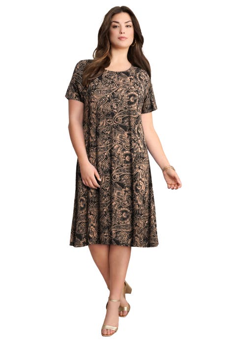 Stretch Knit Short Sleeve Swing Dress With Pockets