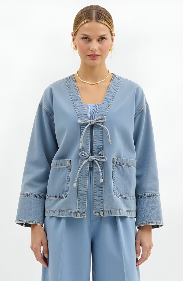 Modenaire Tie-Front Denim Jacket with Patch Pockets, Alternate, color,