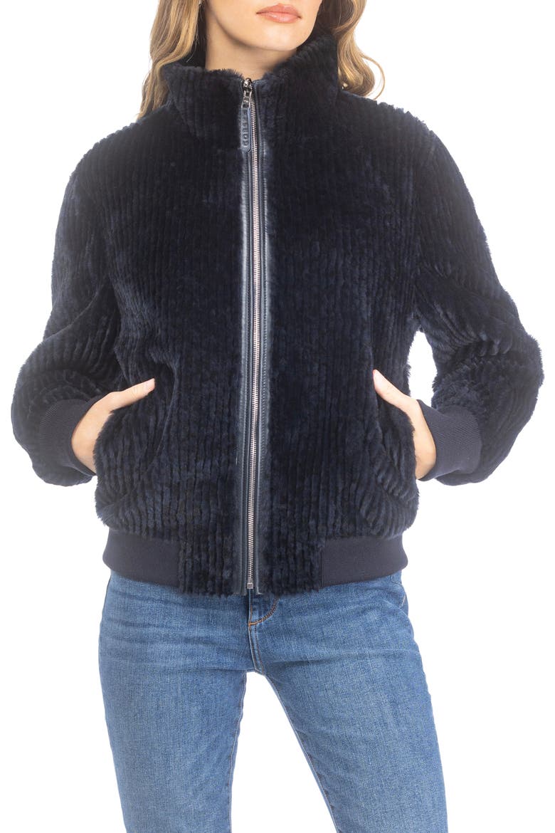 Reversible Grooved Genuine Shearling Insignia Bomber Jacket, Main, color, Navy/Black