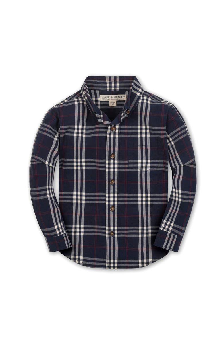 Hope & Henry Kids' Organic Stretch Poplin Long Sleeve Button Down Shirt, Main, color, First Day Plaid