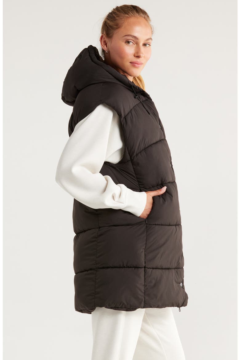 Longline Hooded Puffer Vest, Alternate, color, BLACK