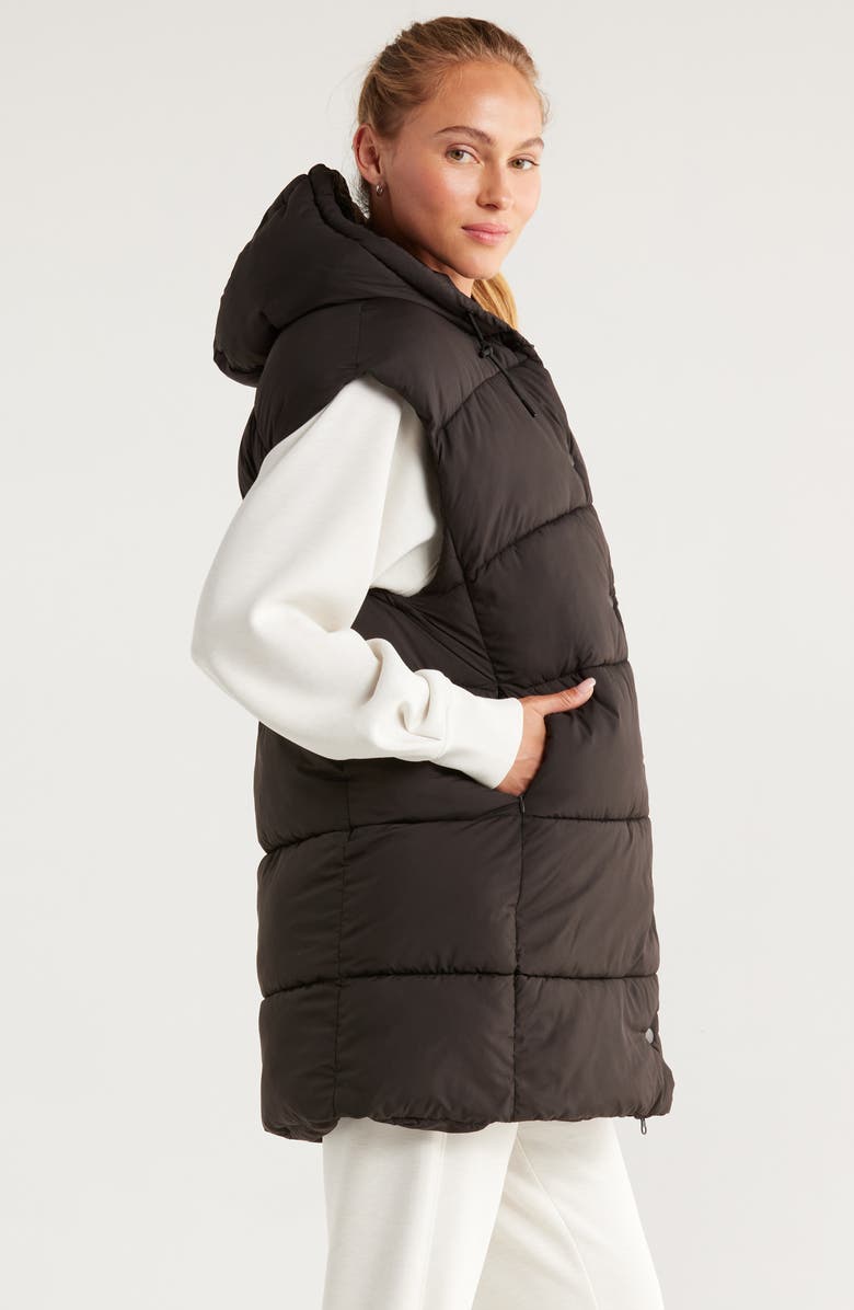 Zella Longline Hooded Puffer Vest, Alternate, color, Black
