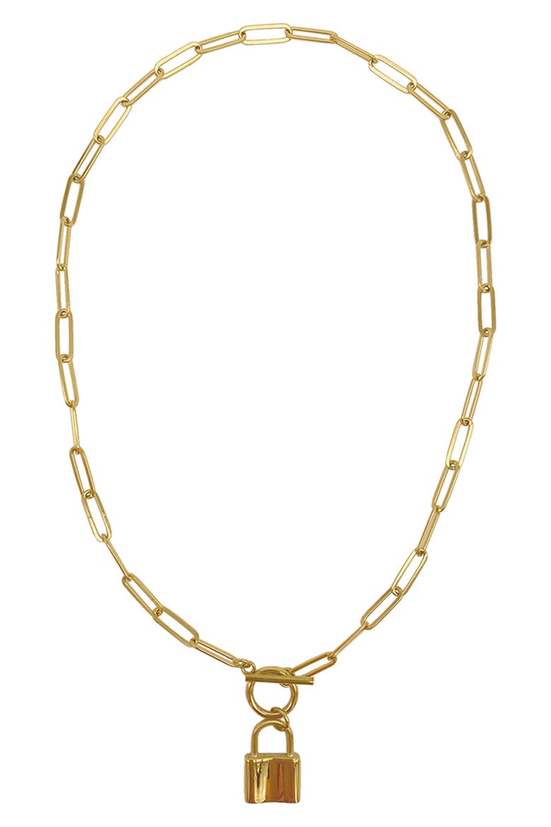14K Gold Plated Water Resistant Paper Clip Chain Lock Toggle Necklace, Alternate, color, YELLOW