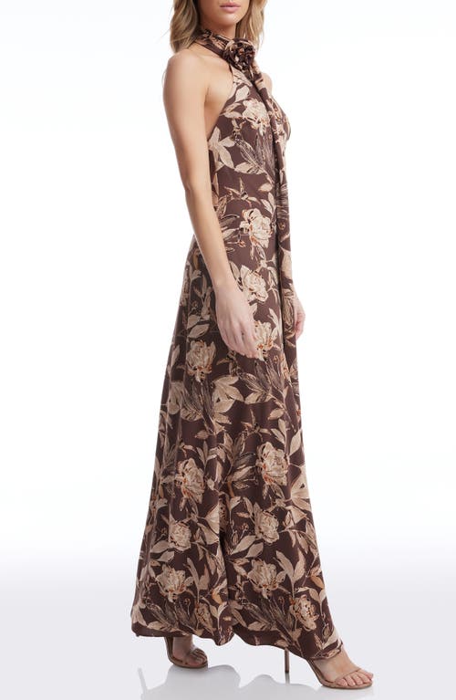 Shop Dress The Population Olivia Floral Halter Neck Gown In Mocha Multi