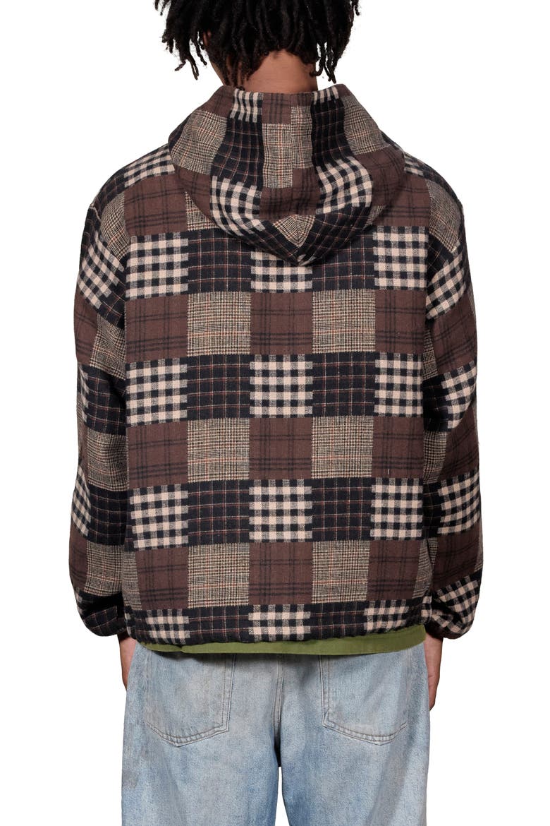 Madras Plaid Patchwork Pullover Hoodie, Alternate, color, BROWN