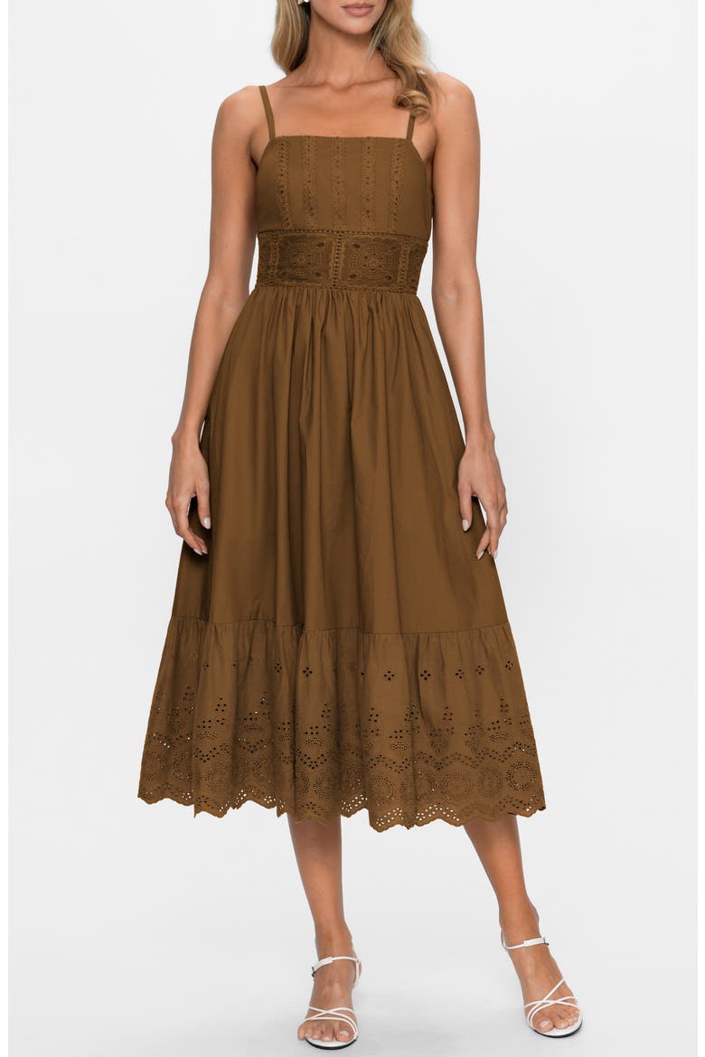 Eyelet Sleeveless Midi Dress, Alternate, color, BROWN