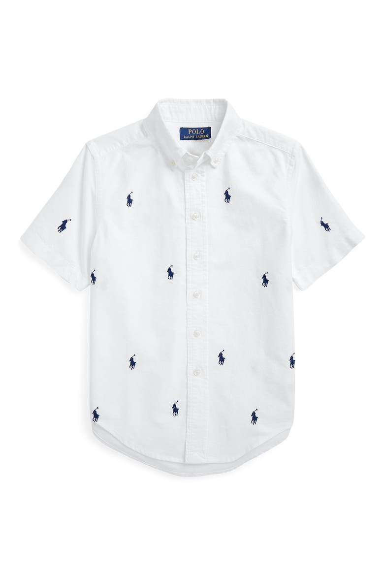 Kids' Polo Embroidered Short Sleeve Cotton Button-Down Shirt, Main, color, WHITE