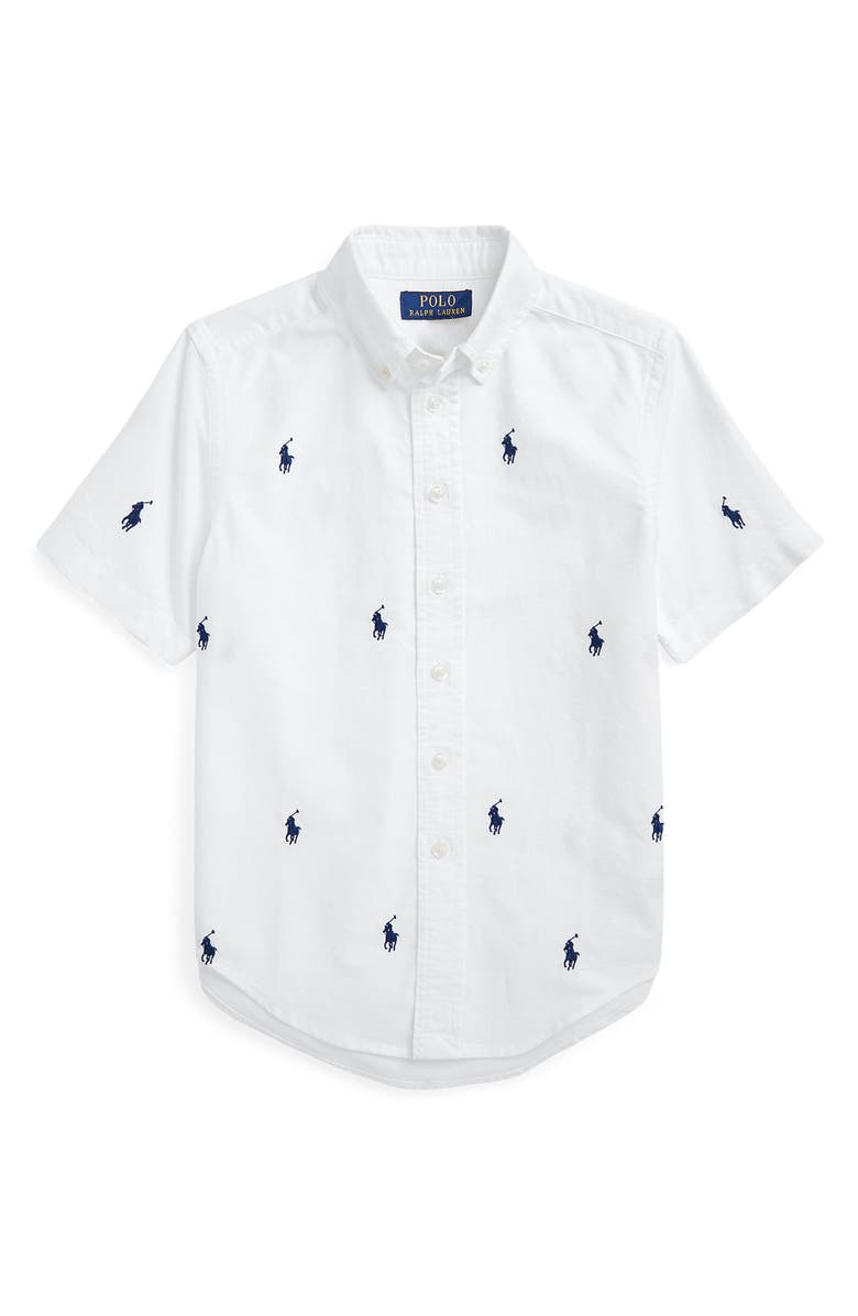 Polo Ralph Lauren Kids' Polo Embroidered Short Sleeve Cotton Button-Down Shirt, Main, color,
