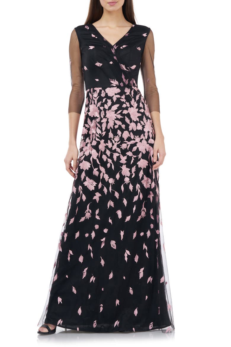 JS Collection Floral Embroidered A-Line Gown, Main, color, BLUSH BLACK