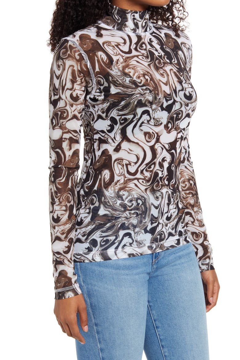 Pride Gender Inclusive Print Mesh Mock Neck Top, Alternate, color, WHITE- BROWN SPACEY PRINT
