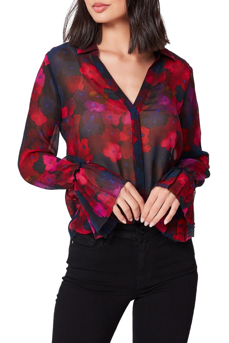 Abriana Floral Print Long Sleeve Silk Shirt, Main, color, BLKMULT
