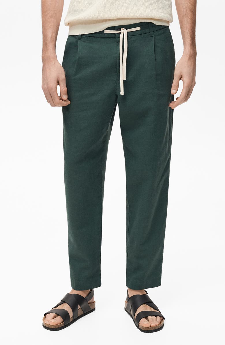 MANGO Slim Fit Linen & Cotton Drawstring Pants, Main, color, Dark Green