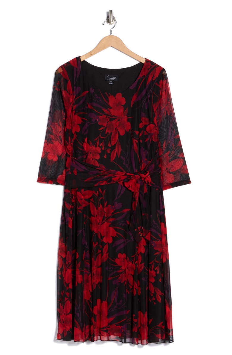Connected Apparel Floral Long Sleeve Mesh Midi Dress, Main, color, Ruby
