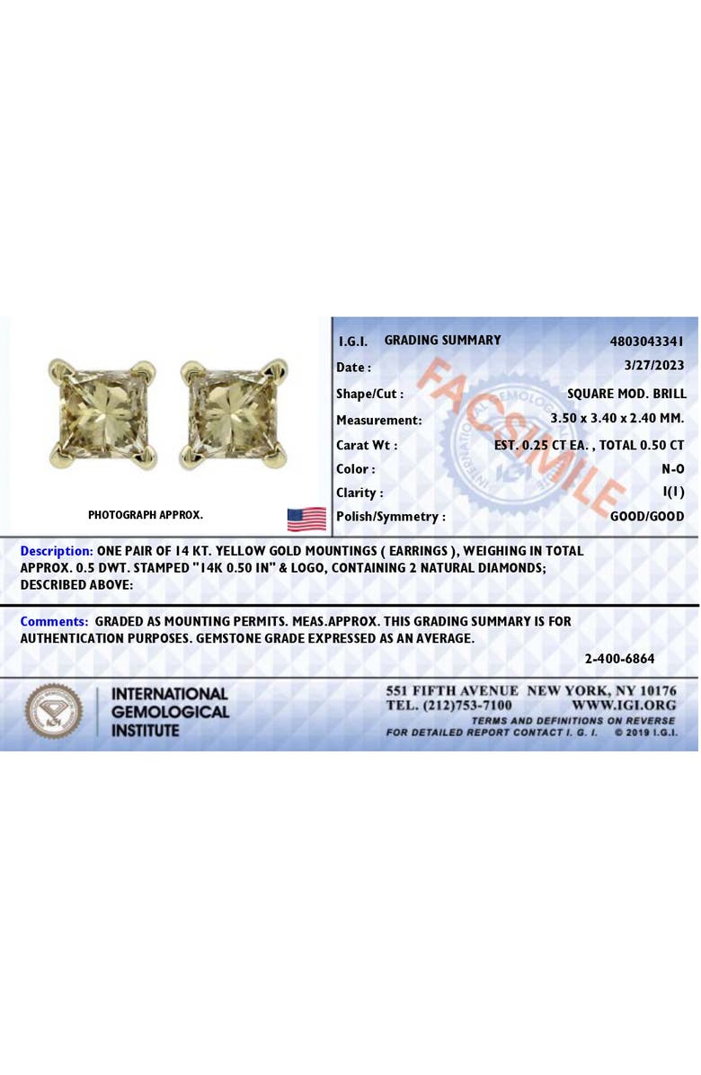 Haus of Brilliance IGI Certified 14k Yellow Gold 1/2 Ct Princess Solitaire Diamond Stud Earrings, Alternate, color, Yellow