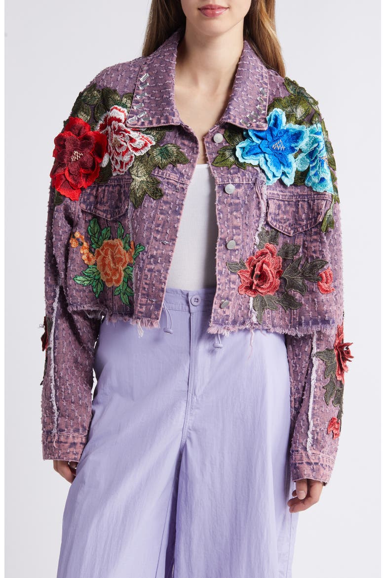 Bloom Floral Appliqué Texture Denim Jacket, Alternate, color, PURPLE