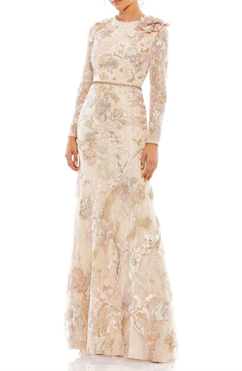 Mac Duggal Floral Embroidered Lace Trumpet Gown, Main, color,
