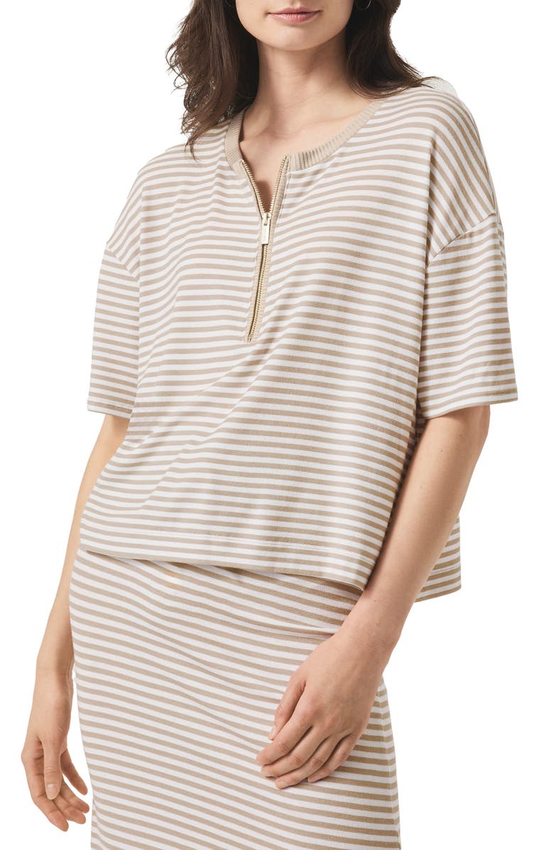 Splendid Brooke Stripe Short Sleeve Half Zip T-Shirt, Main, color, Fawn Stripe