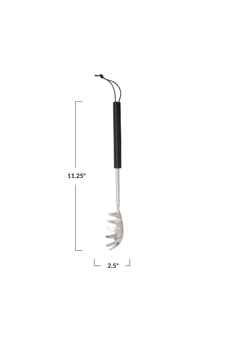 Stainless Steel Slotted Pasta Server with Mango Wood Handle and Leather Tie, Black, Alternate, color, Black