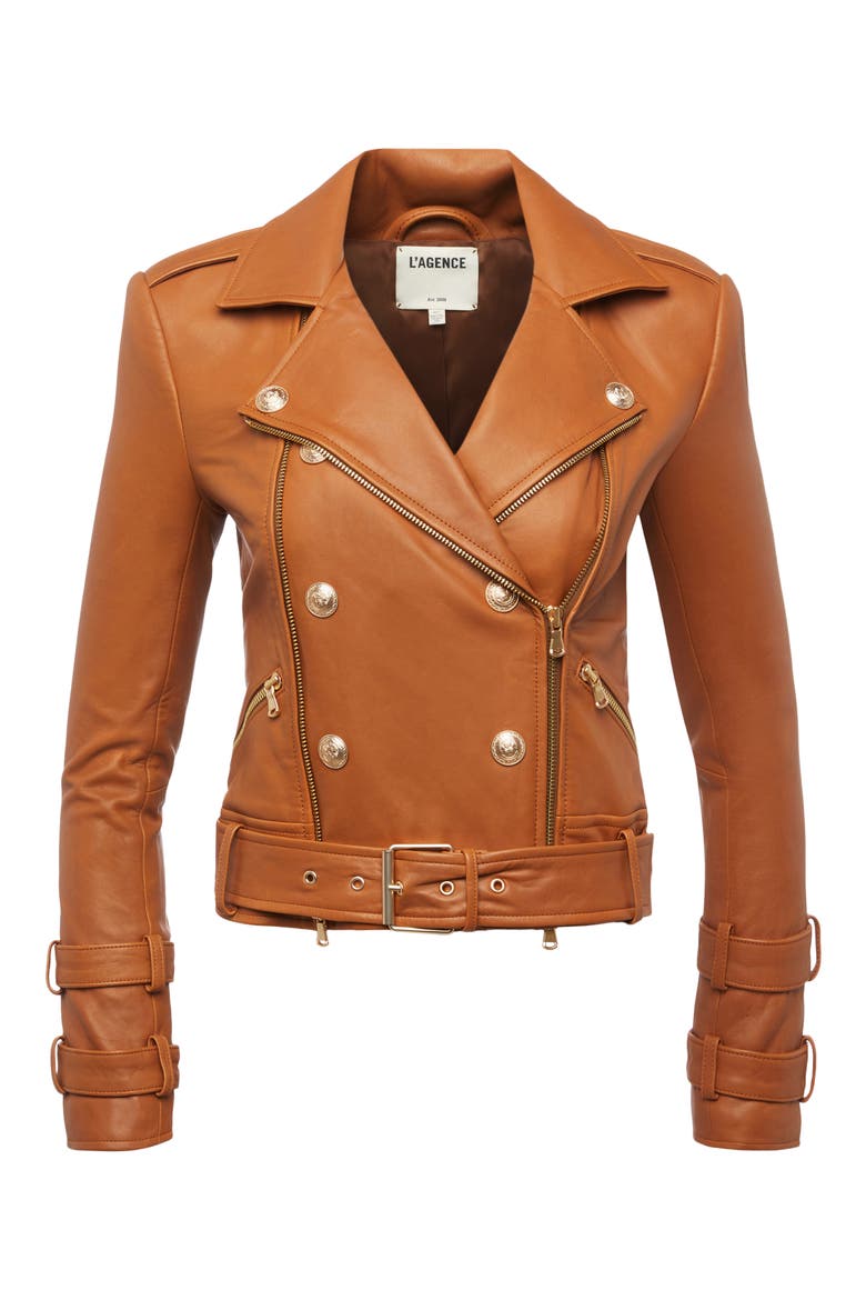 Billie Belted Leather Moto Jacket, Alternate, color, COGNAC