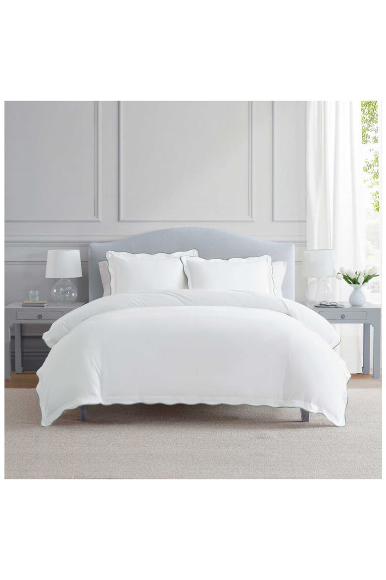 Simple Scallop Cotton Percale Duvet Set, Alternate, color, WHITE/ GREY GREEN