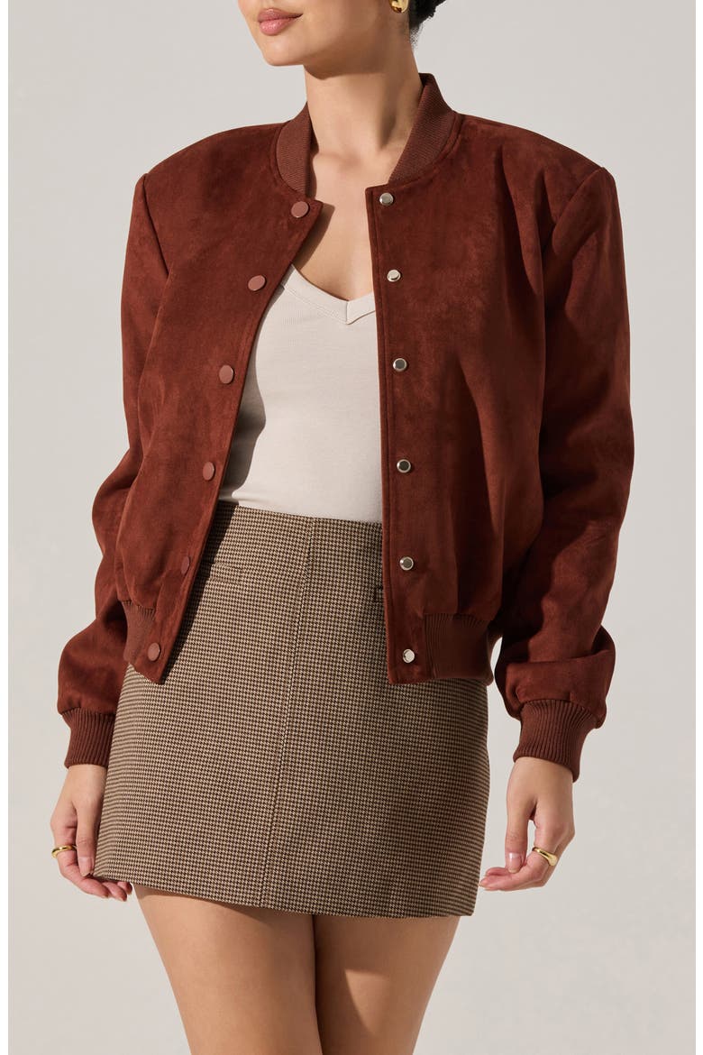 Olenna Faux Suede Bomber Jacket, Main, color, RUST BROWN