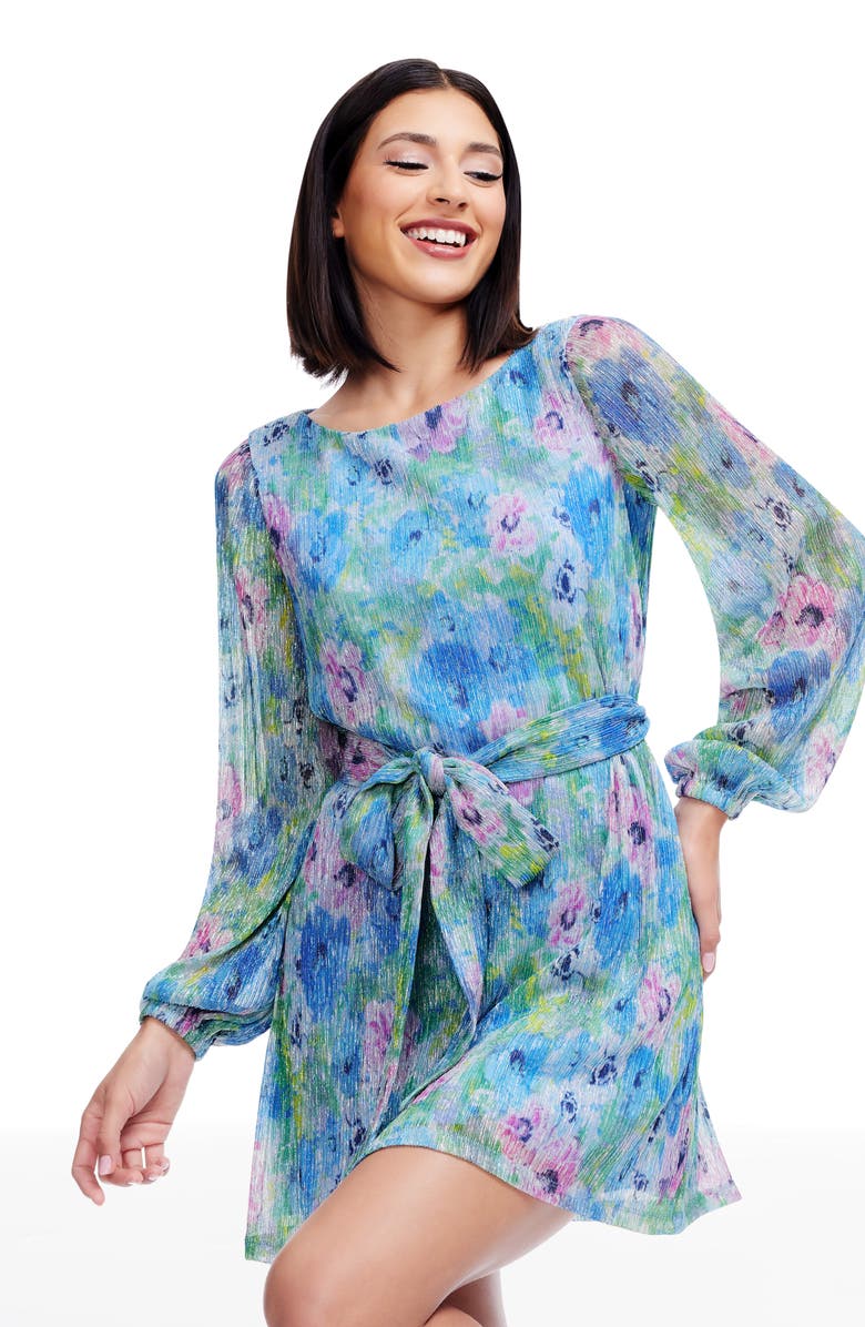 Dress the Population Kirsi Metallic Floral Long Sleeve Cocktail Minidress, Alternate, color, Sky Multi