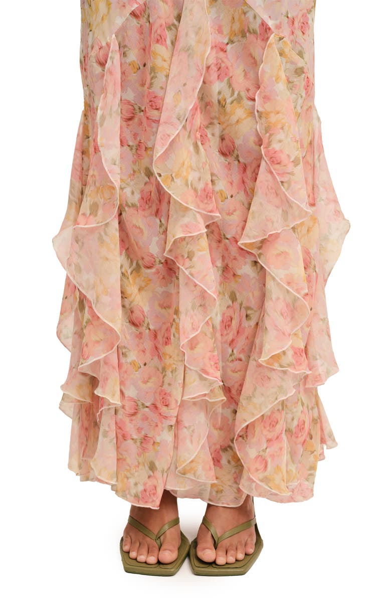 For Love & Lemons Elea Floral Ruffle Open Back Maxi Cocktail Dress, Alternate, color, Peach