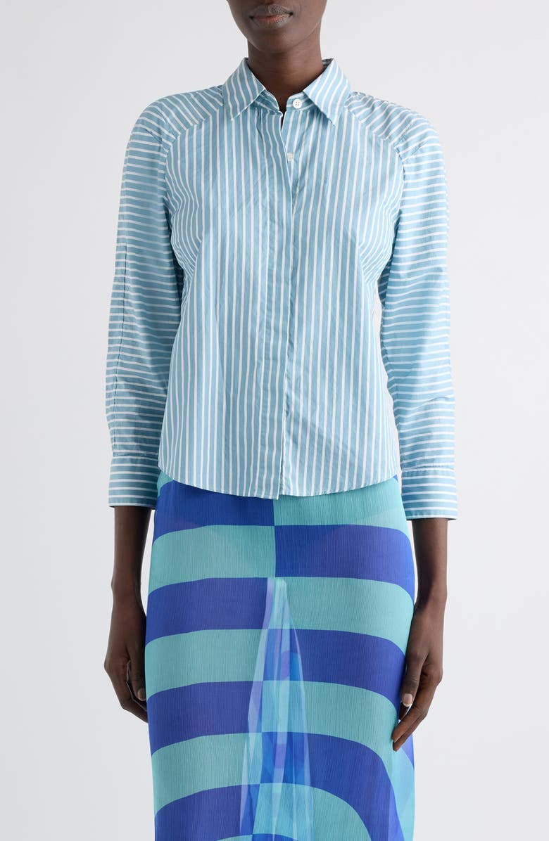 Dries Van Noten Clavinia Chalk Stripe Cotton Poplin Button-Up Shirt, Main, color, Aqua
