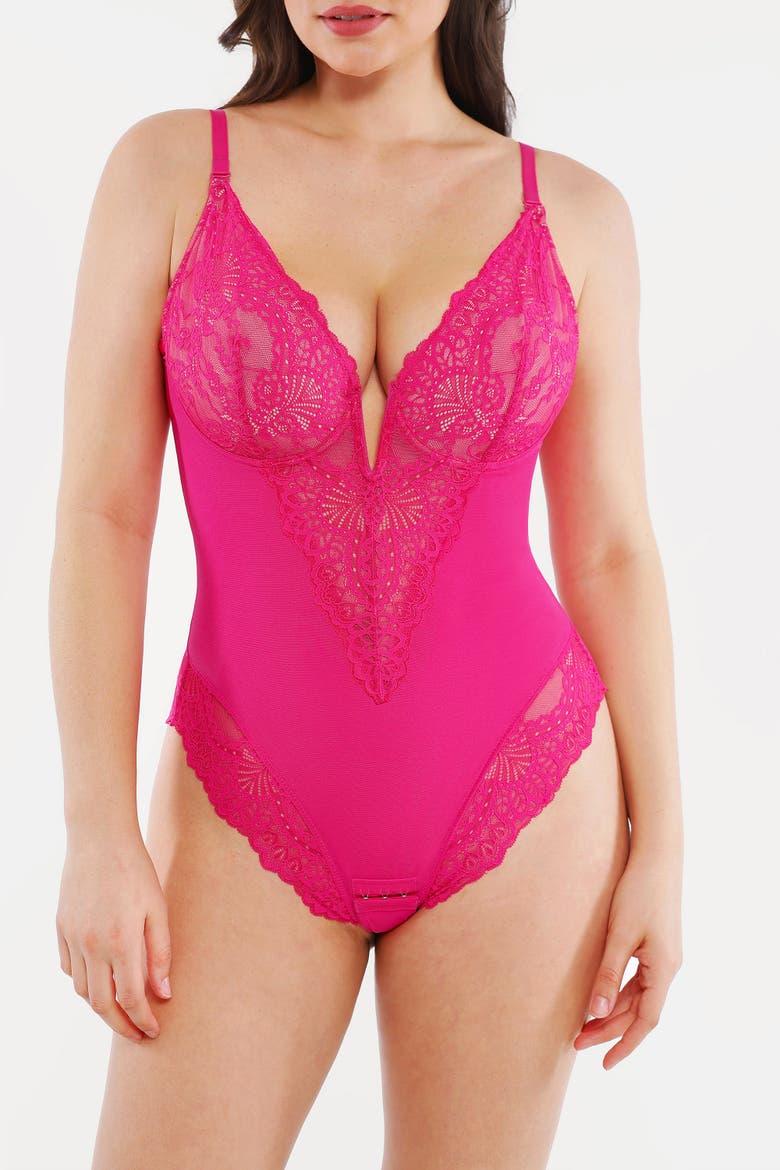 Plus Size Shapewear Lace Deep V-Neck Sculpting Thong Bodysuit, Alternate, color, Hot Pink
