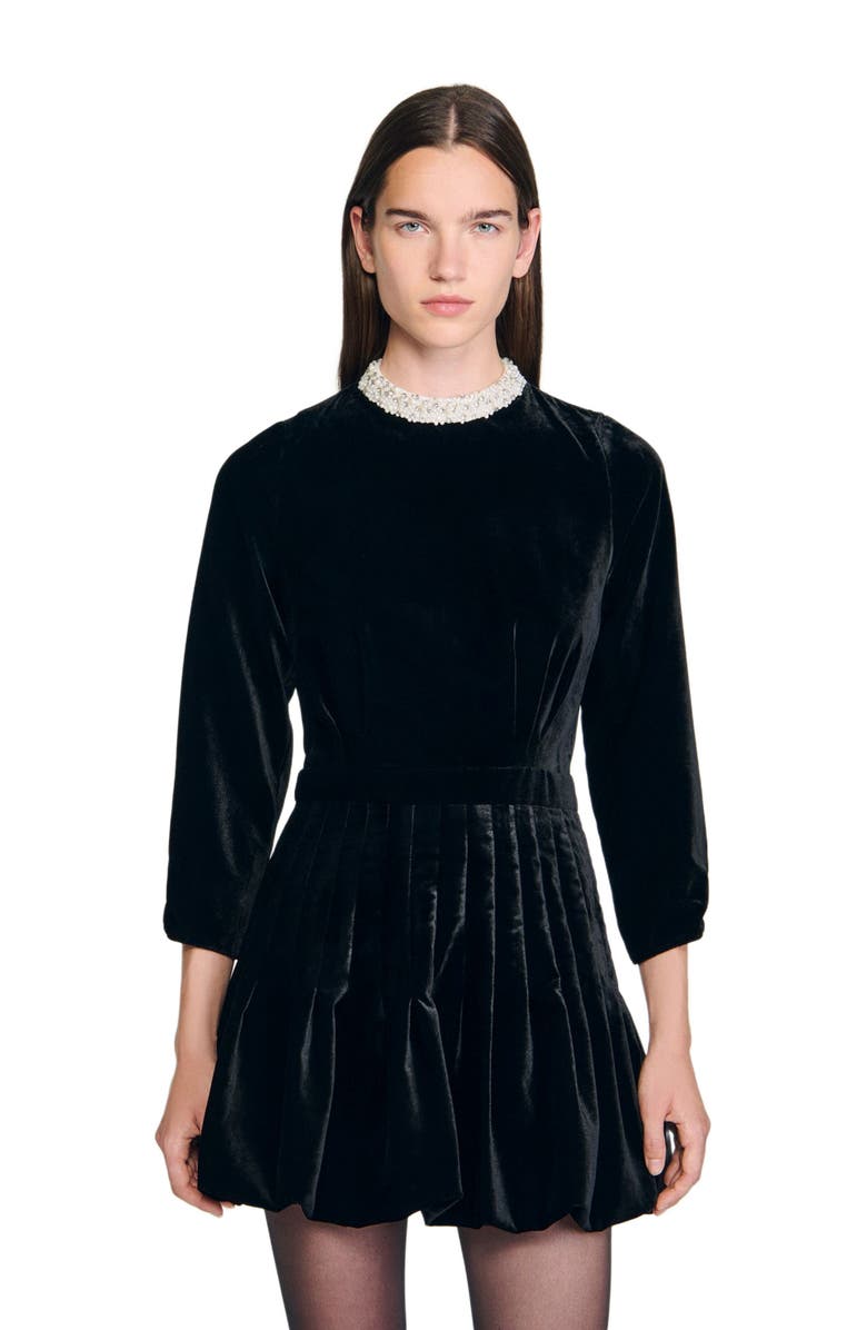 SANDRO Beaded velvet short dress, Alternate, color, Black