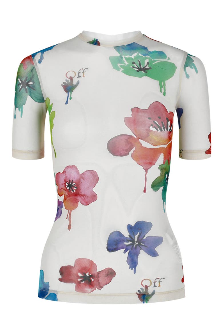 Floral Tulle Second Skin T-Shirt, Main, color, WHITE FLORAL MULTI