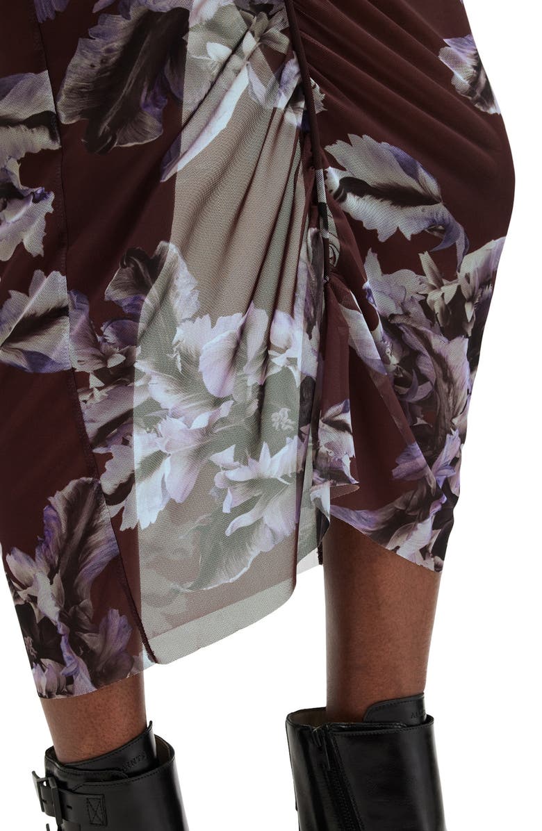 AllSaints Nora Floral Print Mesh Skirt, Alternate, color, Monica Oxblood Red