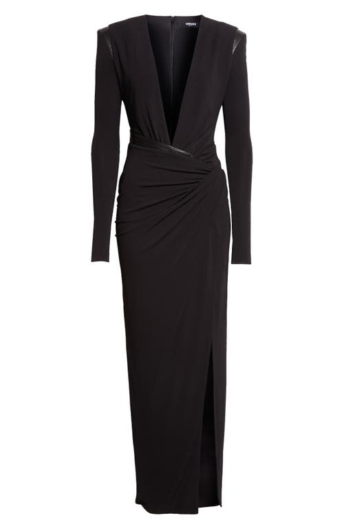 Versace Plunge Neck Long Sleeve Gown In Black