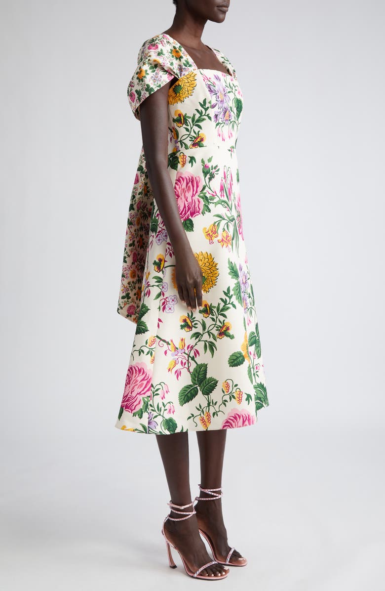 Carolina Herrera Mixed Floral Draped Short Sleeve Dress, Alternate, color,