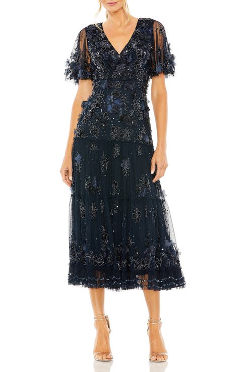 Women's Floral Appliqué Embellished Flutter Sleeve Midi Dress