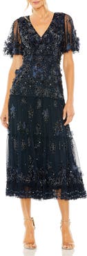 Mac Duggal Women's Floral Appliqué Embellished Flutter Sleeve Midi Dress