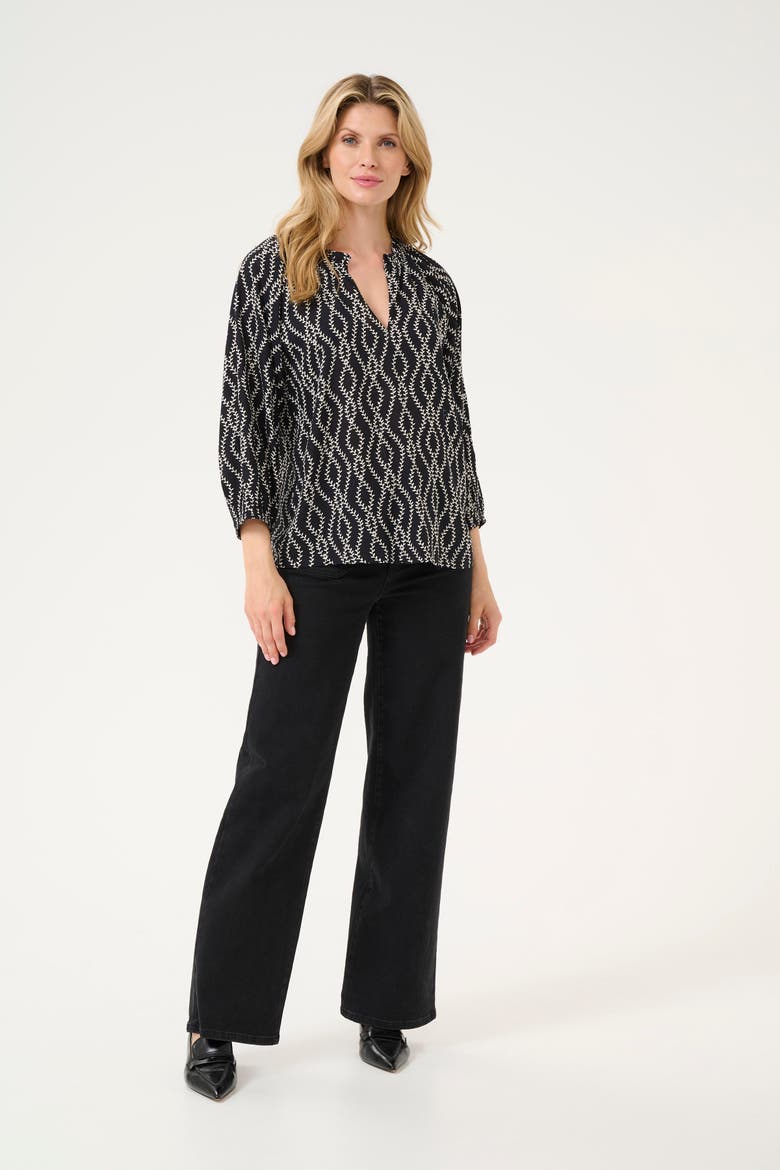 KAsigrid 3/4 Sleeves V-notch Neck Blouse, Alternate, color, Black/Chalk Print