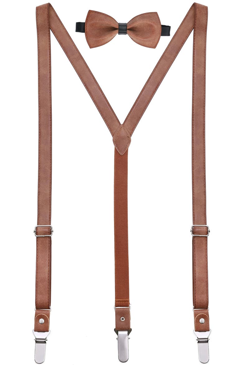 Genuine Leather Y-Back Suspenders & Bow Tie Set, Main, color, Suede Rust