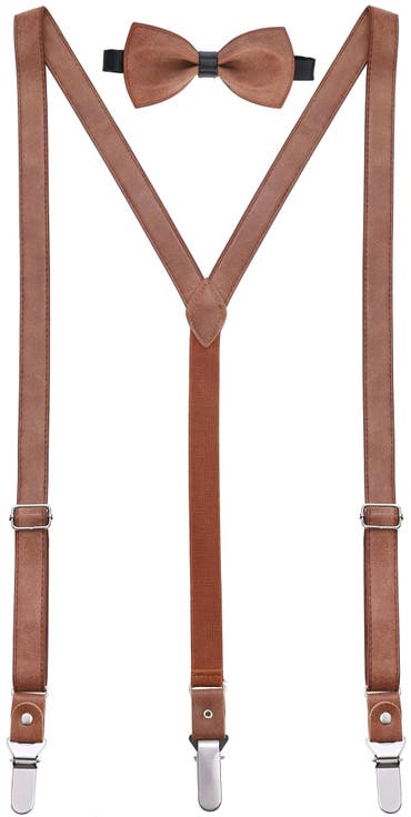 Genuine Leather Y-Back Suspenders & Bow Tie Set