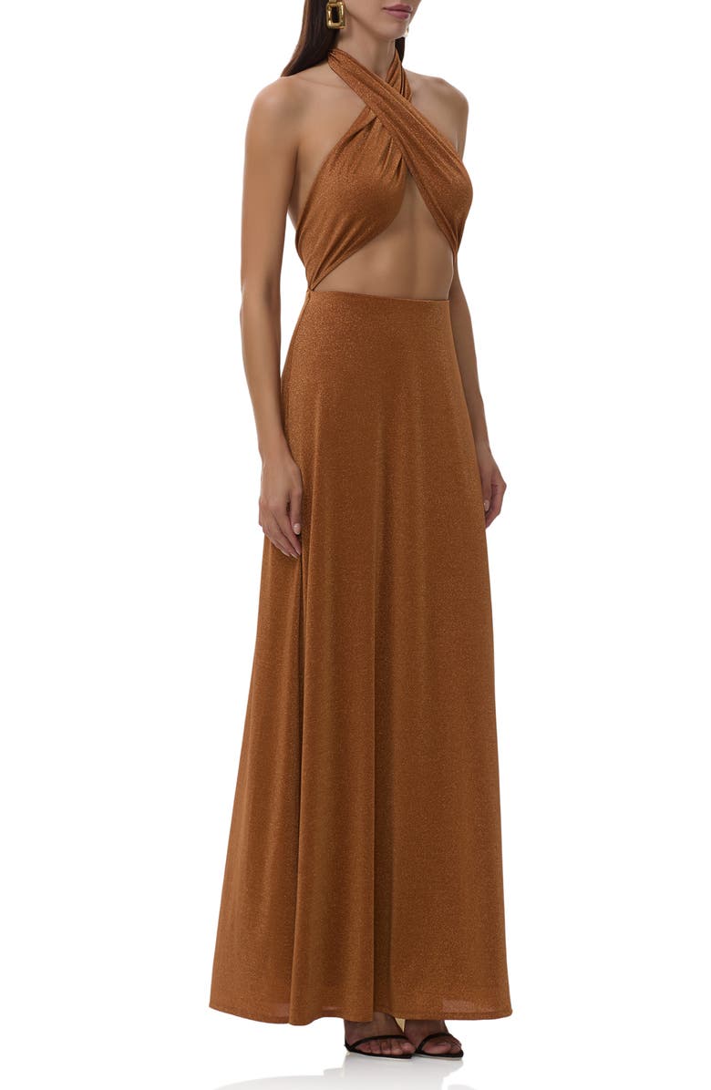 AFRM Kendrick Metallic Cutout Halter Jersey Gown, Alternate, color, Bronze