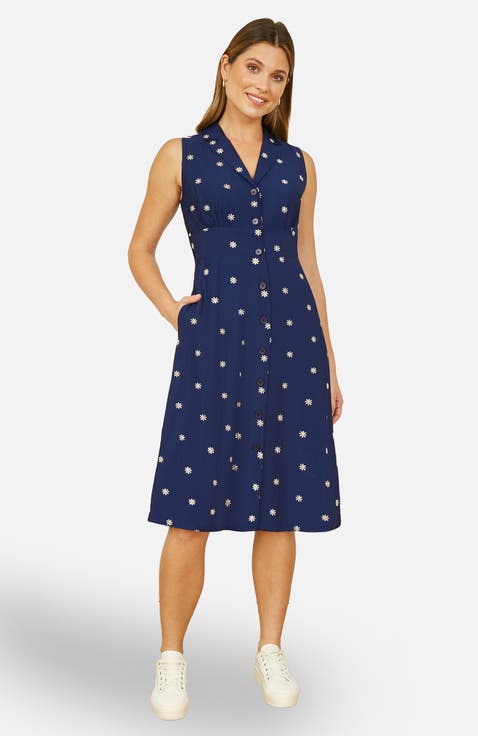Daisy Print Sleeveless Shirt Dress