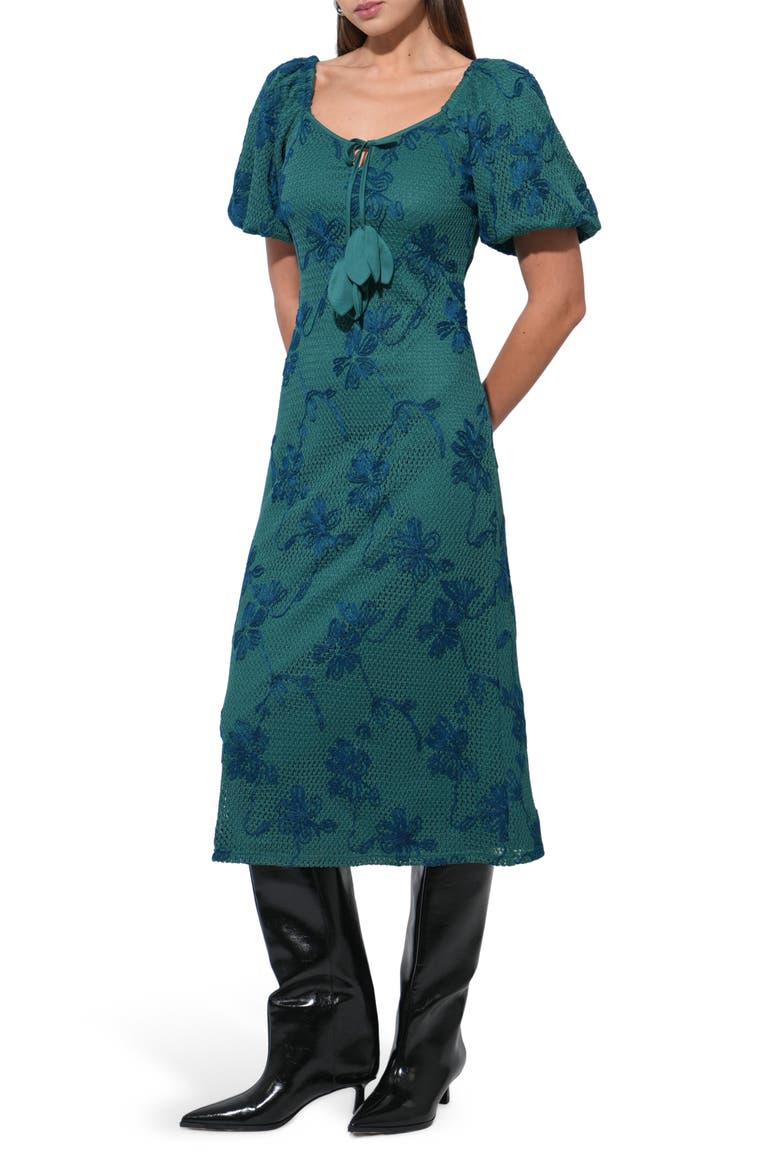 Anora Floral Embroidered Puff Sleeve Knit Midi Dress, Alternate, color, EMERALD GREEN