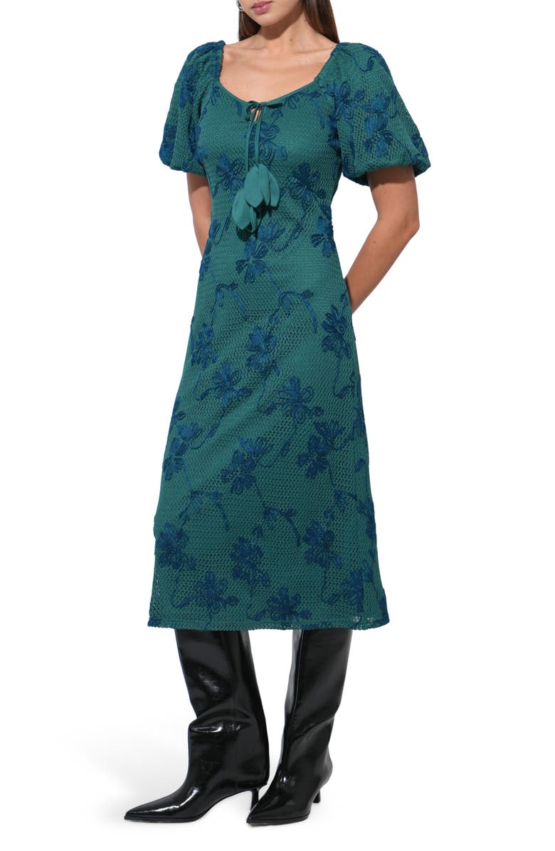 Adelyn Rae Anora Floral Embroidered Puff Sleeve Knit Midi Dress, Alternate, color, Emerald Green