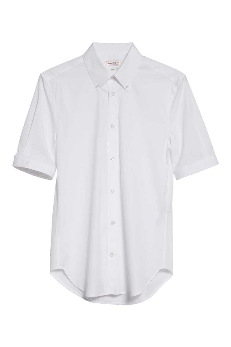 Alexander McQueen Short Sleeve Cotton Stretch Poplin Button-Down Shirt, Alternate, color, WHITE
