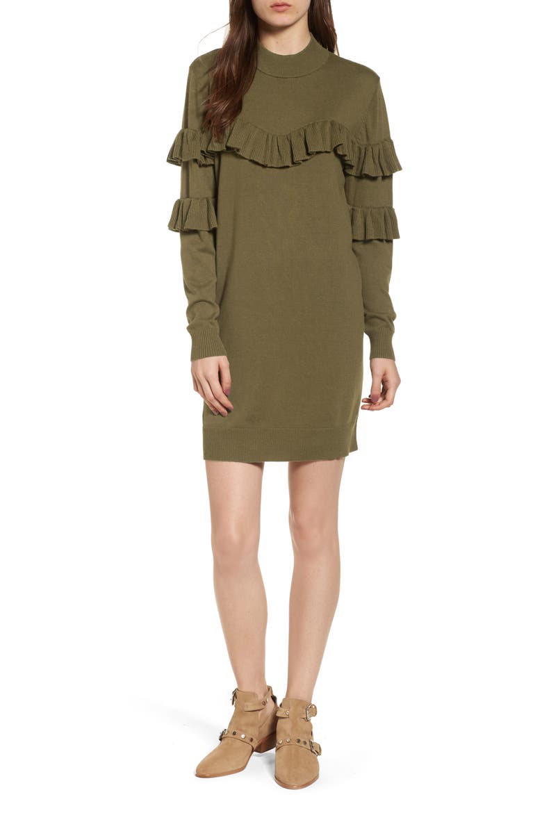 Ruffle Sweater Dress, Main, color, OLIVE DARK