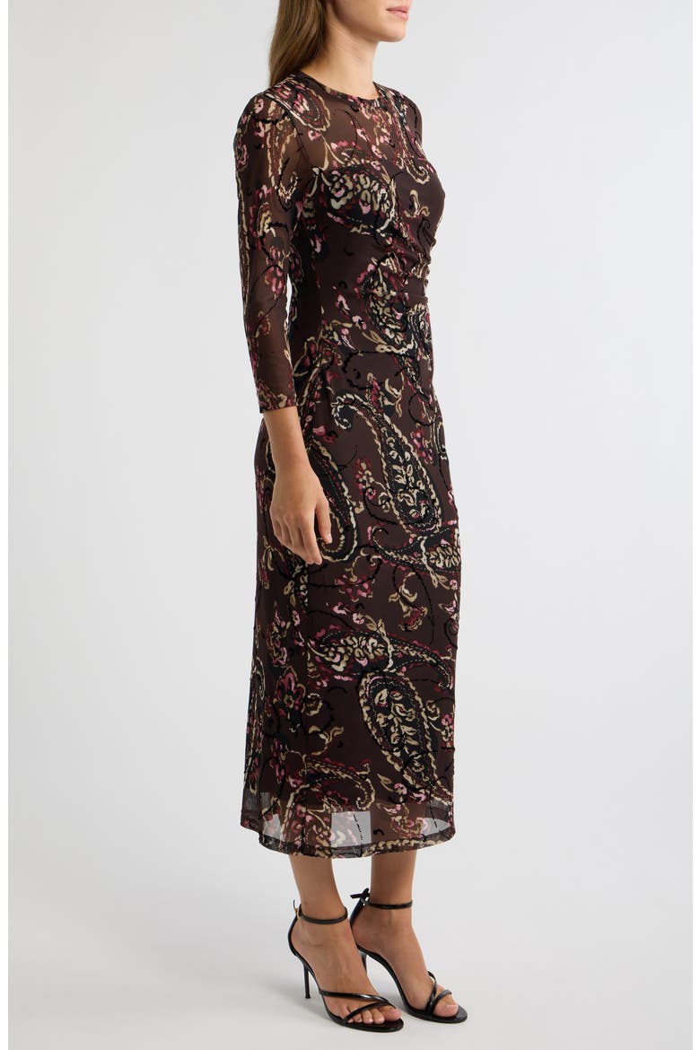 Flocked Mesh Midi Dress, Alternate, color, DEEP MAHOGANY MULTI